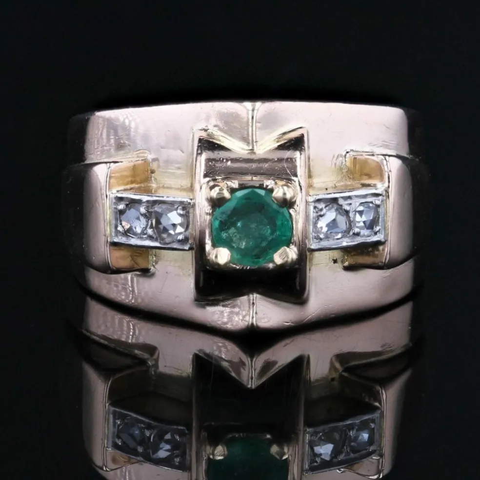 Bague ancienne tank émeraude diamants