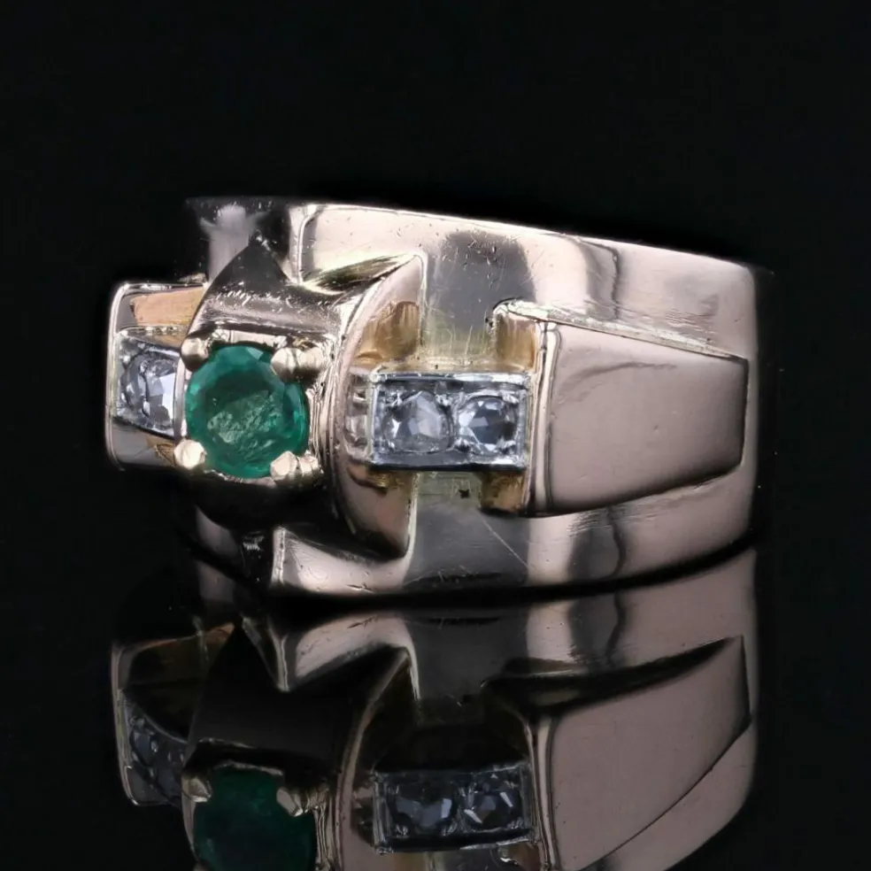Bague ancienne tank émeraude diamants