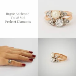 Bague Ancienne Toi & Moi Perle Diamants