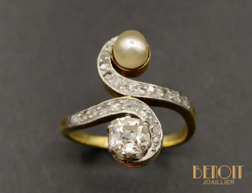Bague ancienne Toi et Moi diamant perle Fine
