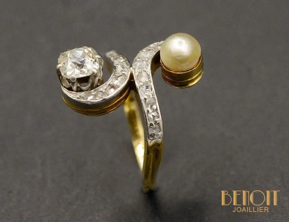 Bague ancienne Toi et Moi diamant perle Fine