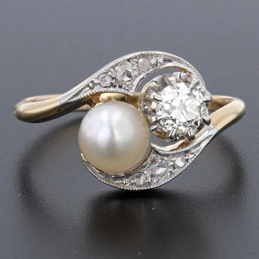 Bague ancienne toi et moi diamants perle fine