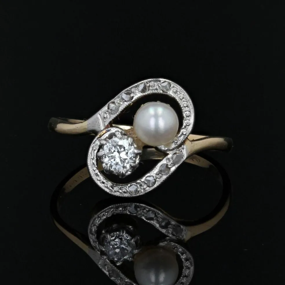 Bague ancienne tourbillon et duo perle fine diamant