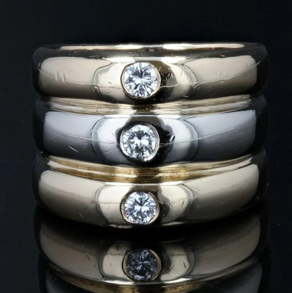 Bague anneaux 2 ors et 3 diamants