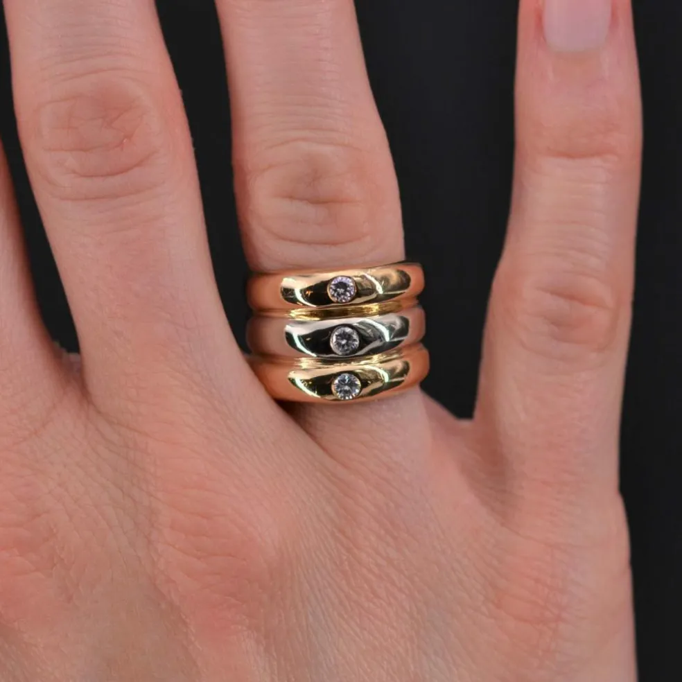 Bague anneaux 2 ors et 3 diamants