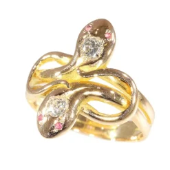 Bague antique à double serpent avec diamants et rubis des années 1900