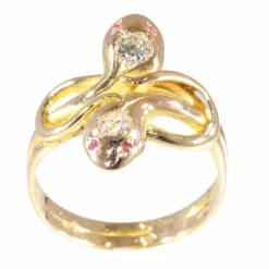 Bague antique à double serpent avec diamants et rubis des années 1900