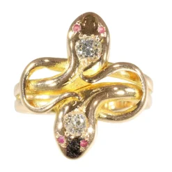 Bague antique à double serpent avec diamants et rubis des années 1900