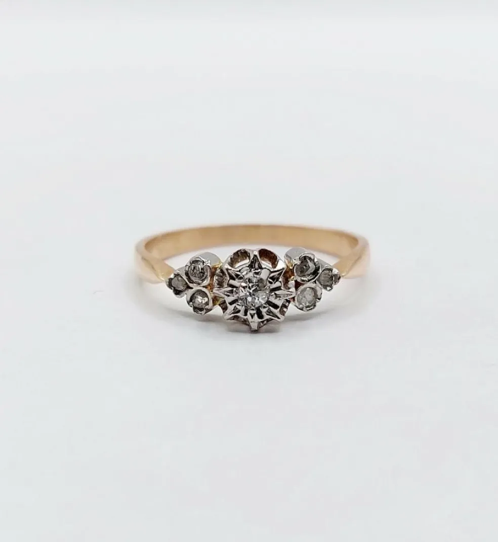 Bague antique or rose 18k diamant taille ancienne en serti étoilé (circa 1900)