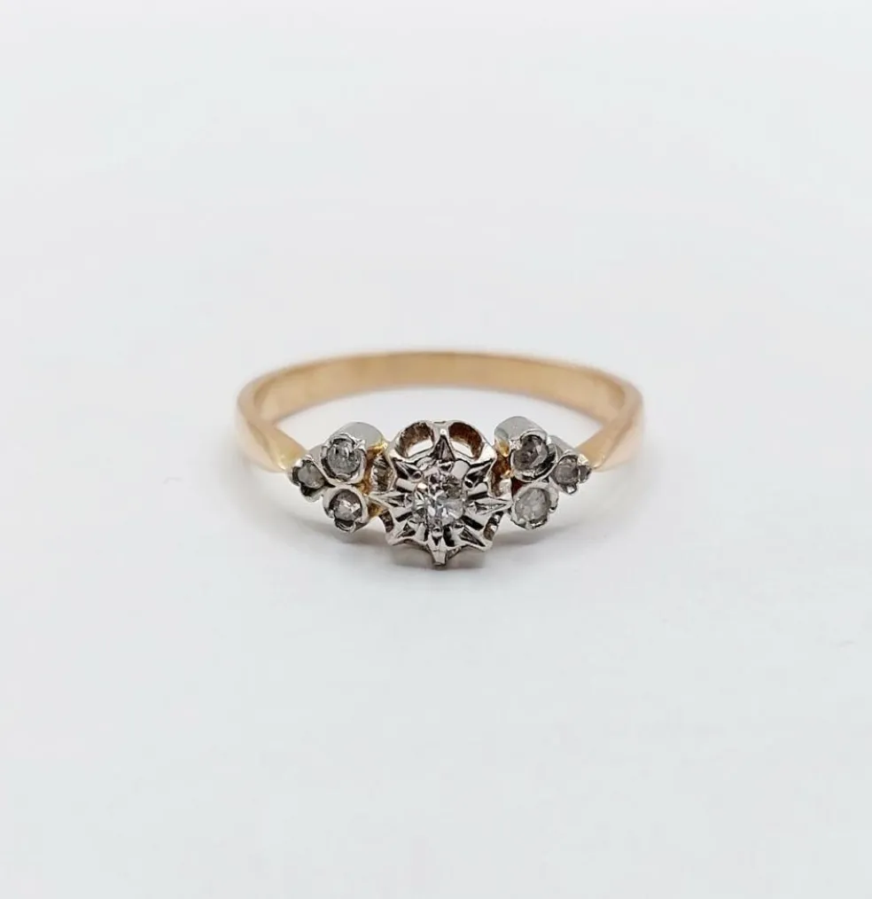Bague antique or rose 18k diamant taille ancienne en serti étoilé (circa 1900)