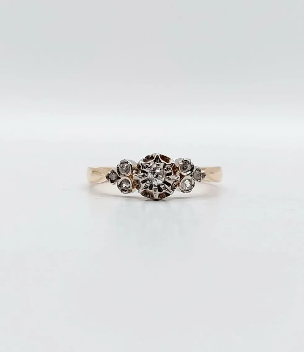 Bague antique or rose 18k diamant taille ancienne en serti étoilé (circa 1900)