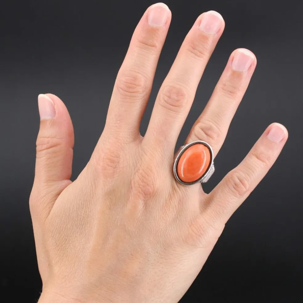 Bague argent godroné et corail cabochon
