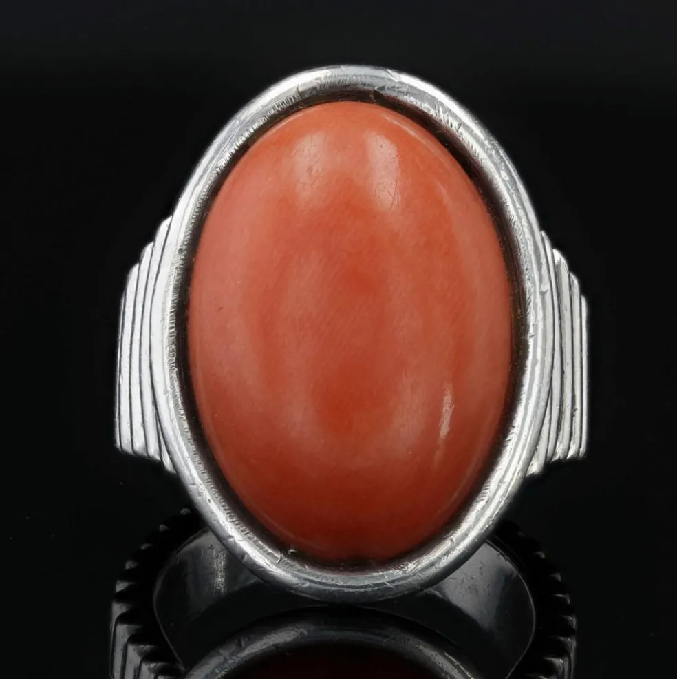 Bague argent godroné et corail cabochon