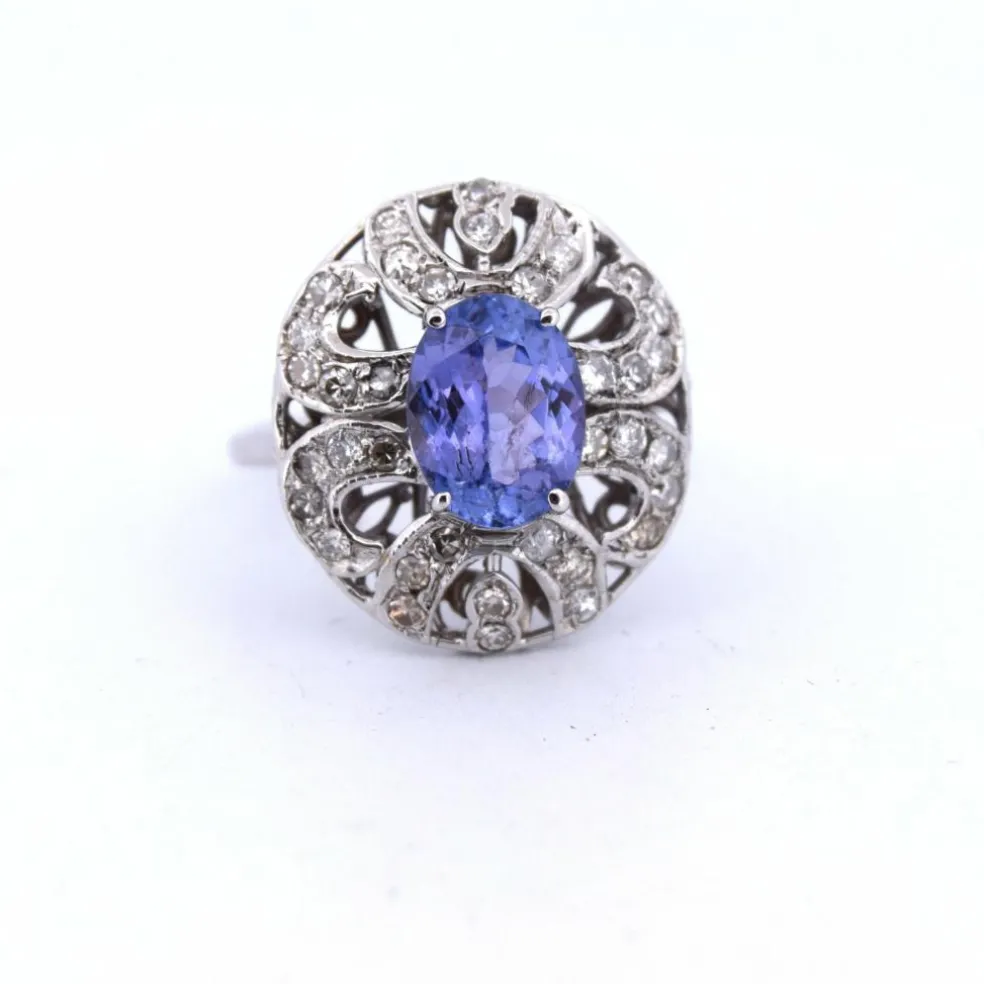 BAGUE ART DÉCO - OR 18 KT - TANZANITE ET DIAMANTS
