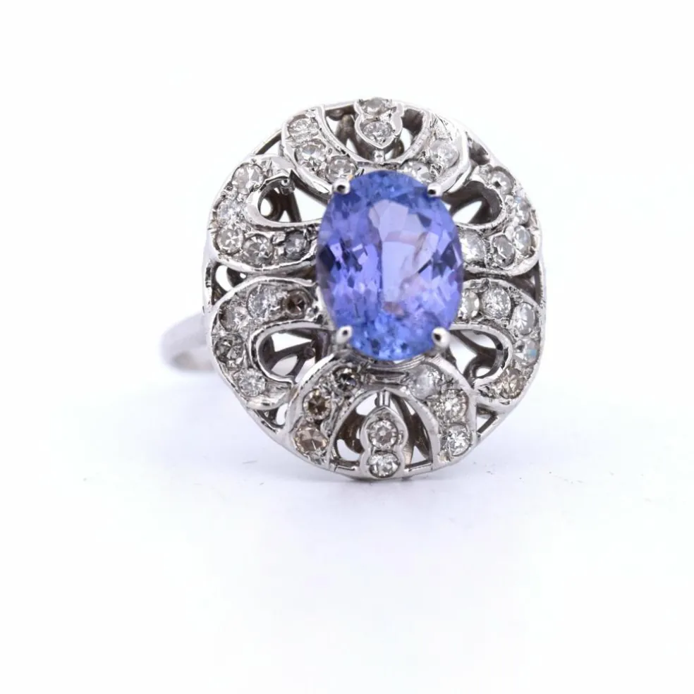 BAGUE ART DÉCO - OR 18 KT - TANZANITE ET DIAMANTS