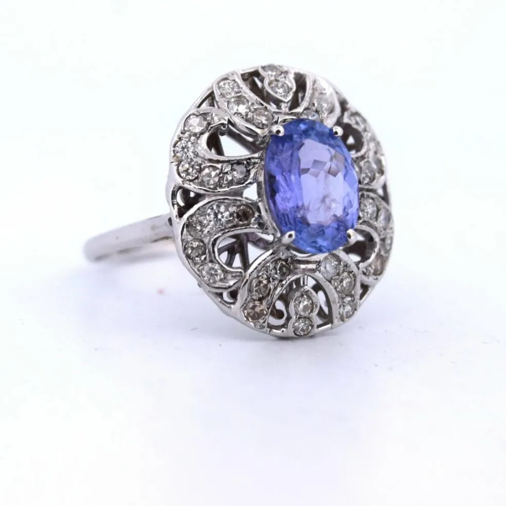 BAGUE ART DÉCO - OR 18 KT - TANZANITE ET DIAMANTS