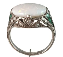 Bague Art Déco Argent Opale Emeraudes Diamants