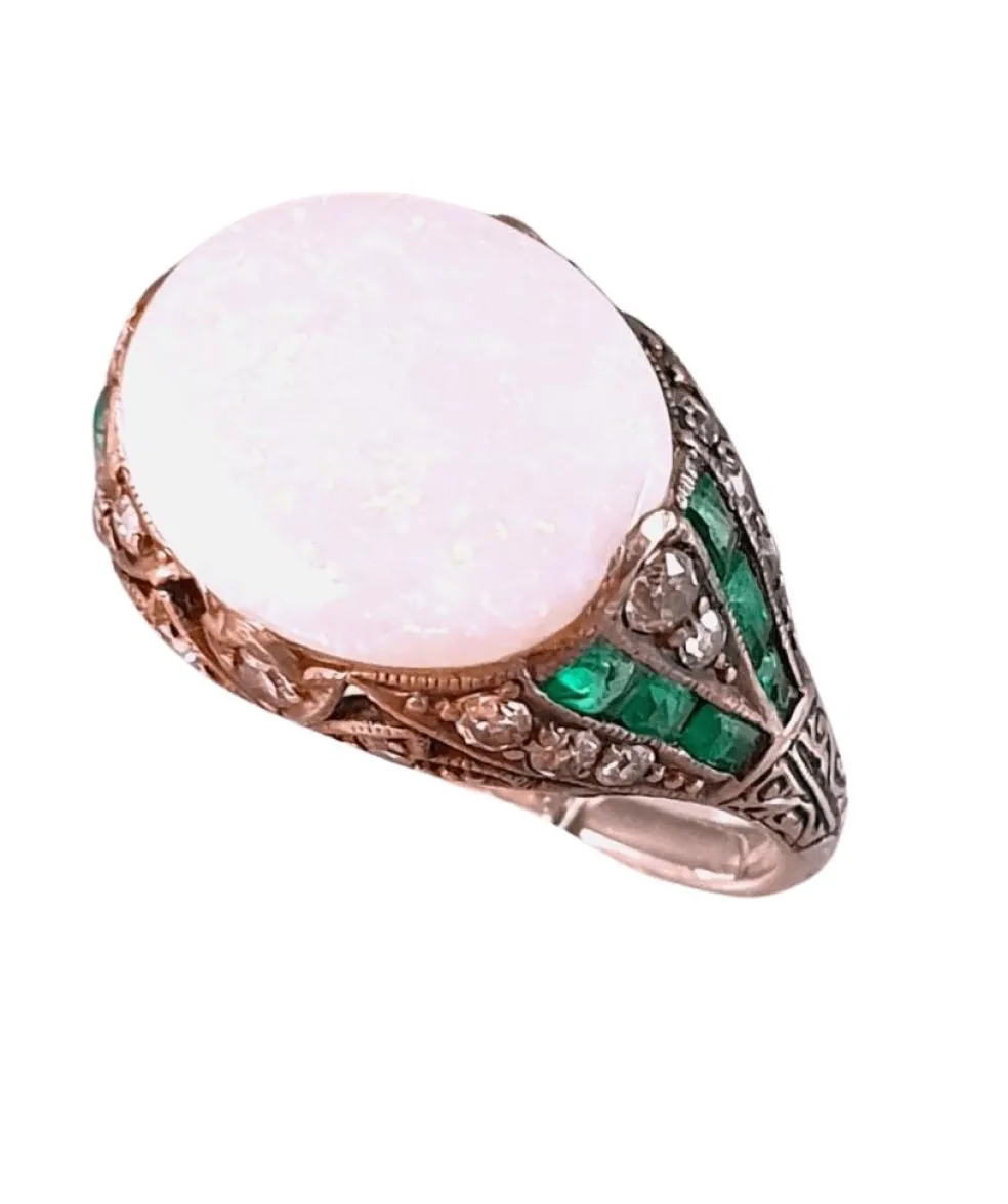 Bague Art Déco Argent Opale Emeraude Diamants