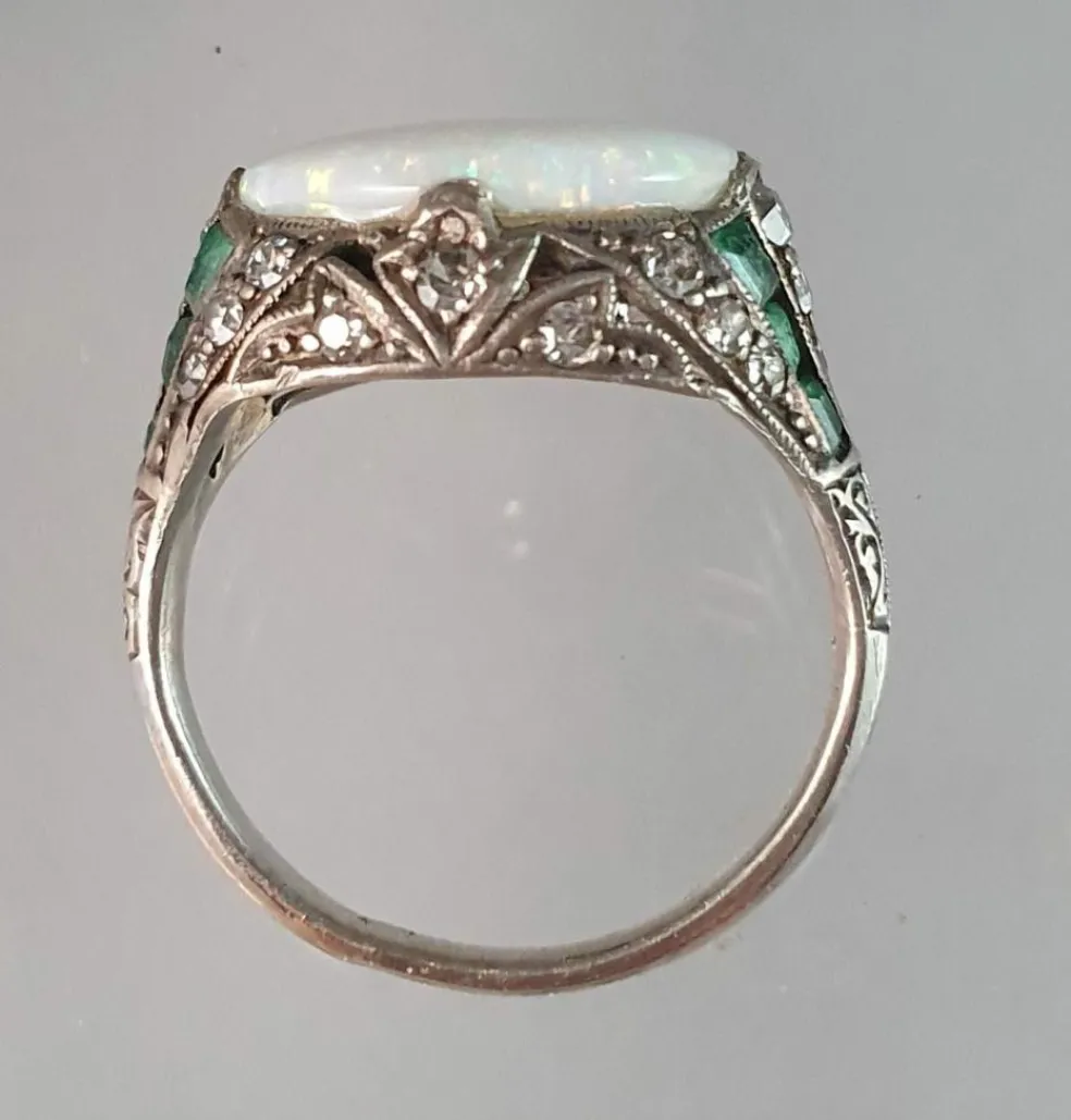 Bague Art Déco Argent Opale Emeraudes Diamants
