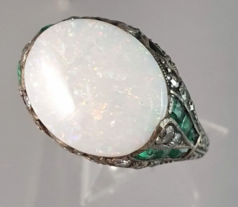 Bague Art Déco Argent Opale Emeraudes Diamants