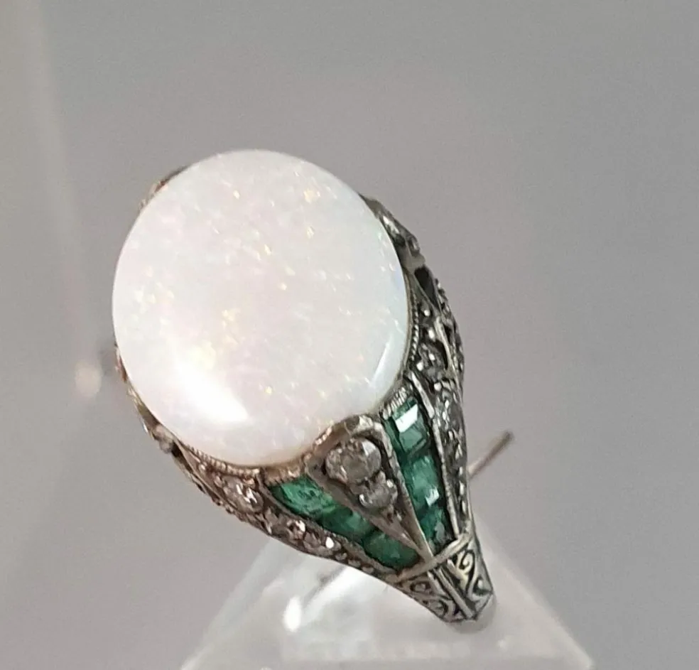 Bague Art Déco Argent Opale Emeraudes Diamants