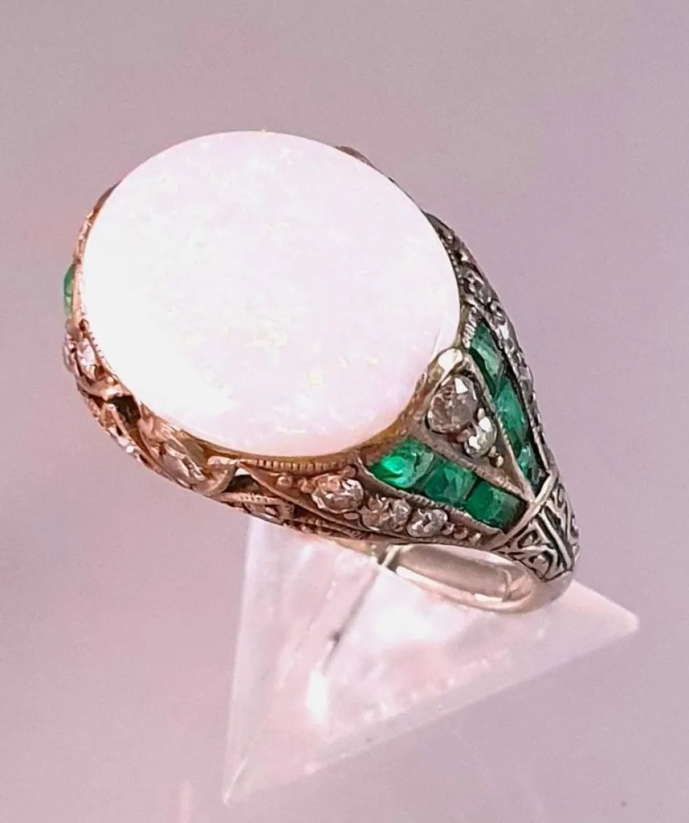Bague Art Déco Argent Opale Emeraude Diamants