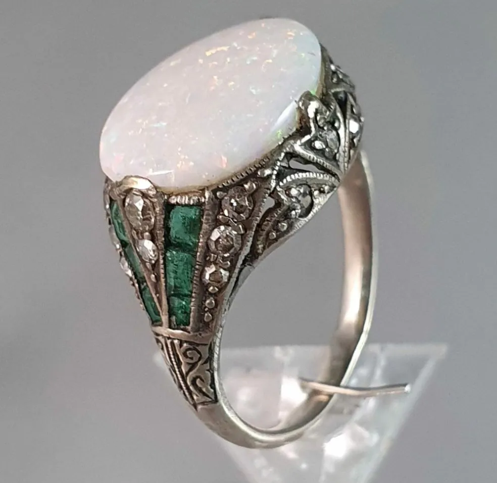 Bague Art Déco Argent Opale Emeraude Diamants