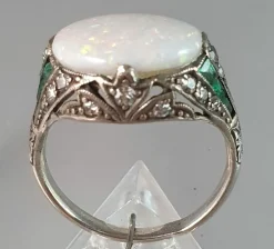 Bague Art Déco Argent Opale Emeraudes Diamants