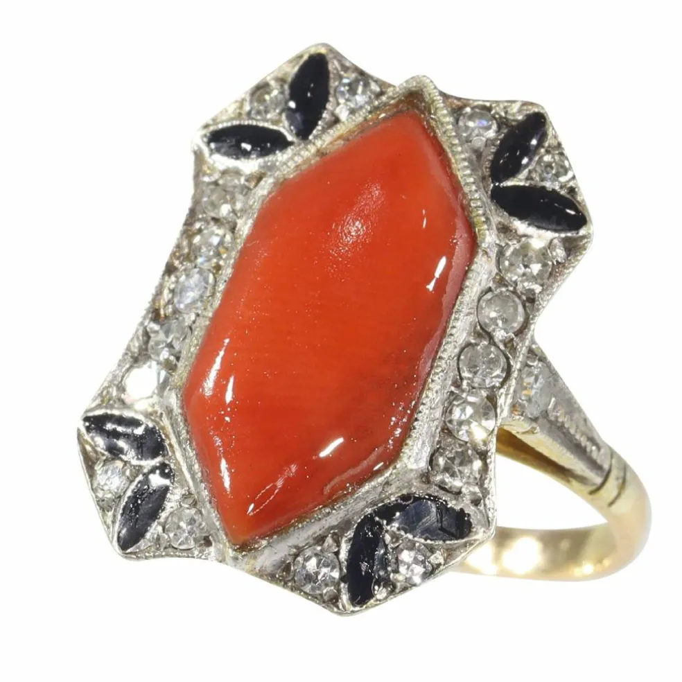 Bague Art Déco, diamants, corail et émail noir