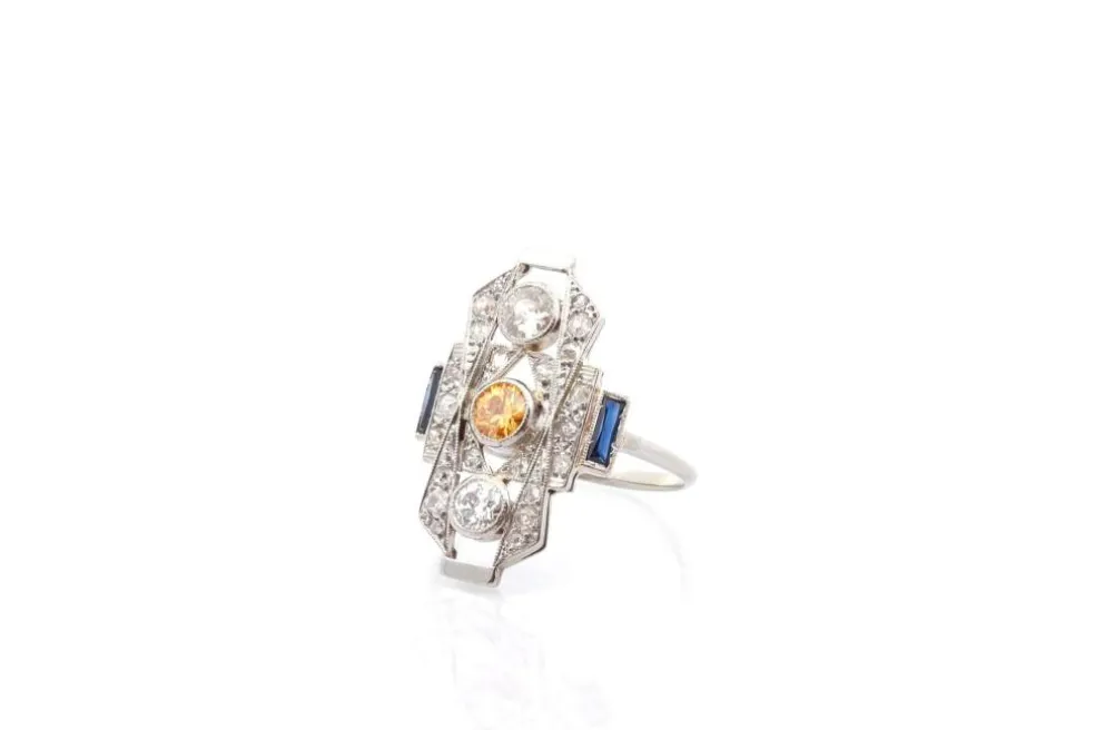 Bague art déco diamants et saphir en or 18k