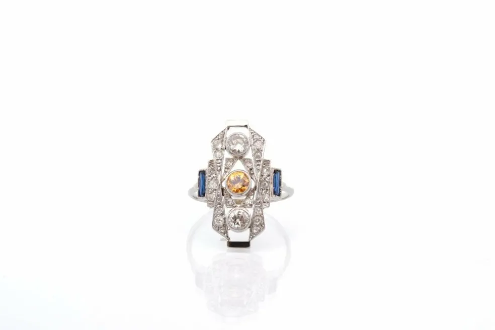 Bague art déco diamants et saphir en or 18k