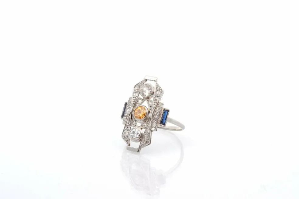 Bague art déco diamants et saphir en or 18k