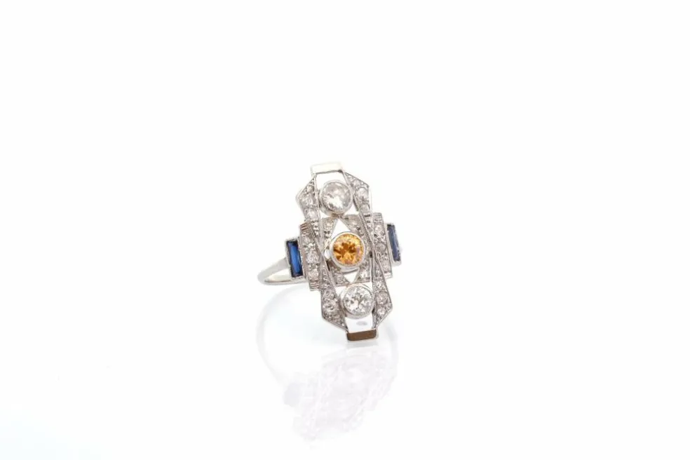 Bague art déco diamants et saphir en or 18k