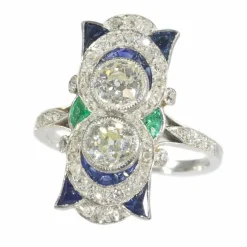 Bague Art Déco, diamants, saphirs et émeraudes