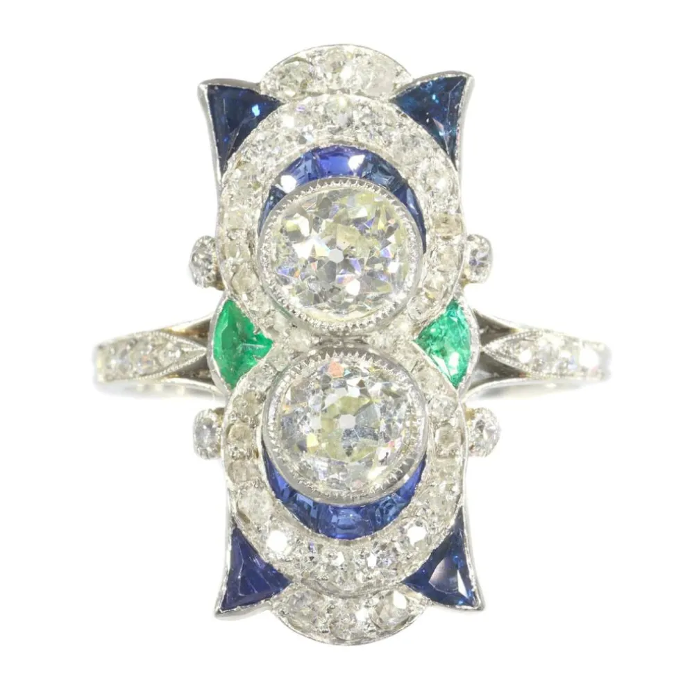 Bague Art Déco, diamants, saphirs et émeraudes