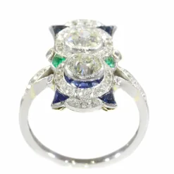 Bague Art Déco, diamants, saphirs et émeraudes