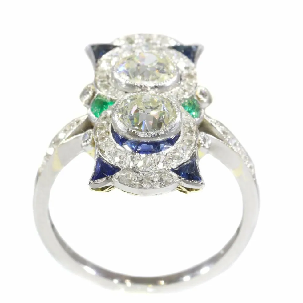 Bague Art Déco, diamants, saphirs et émeraudes