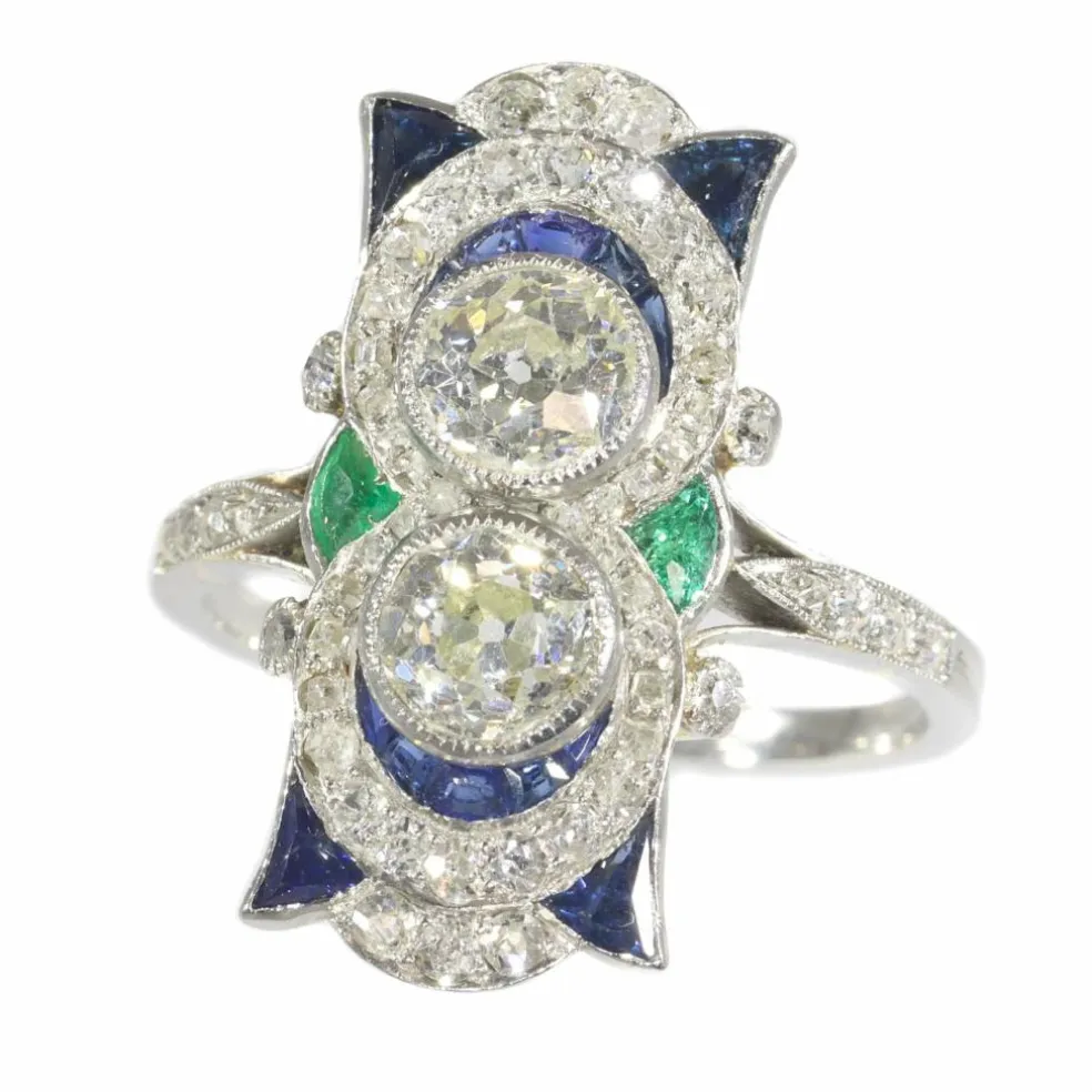 Bague Art Déco, diamants, saphirs et émeraudes