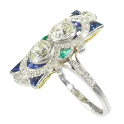 Bague Art Déco, diamants, saphirs et émeraudes