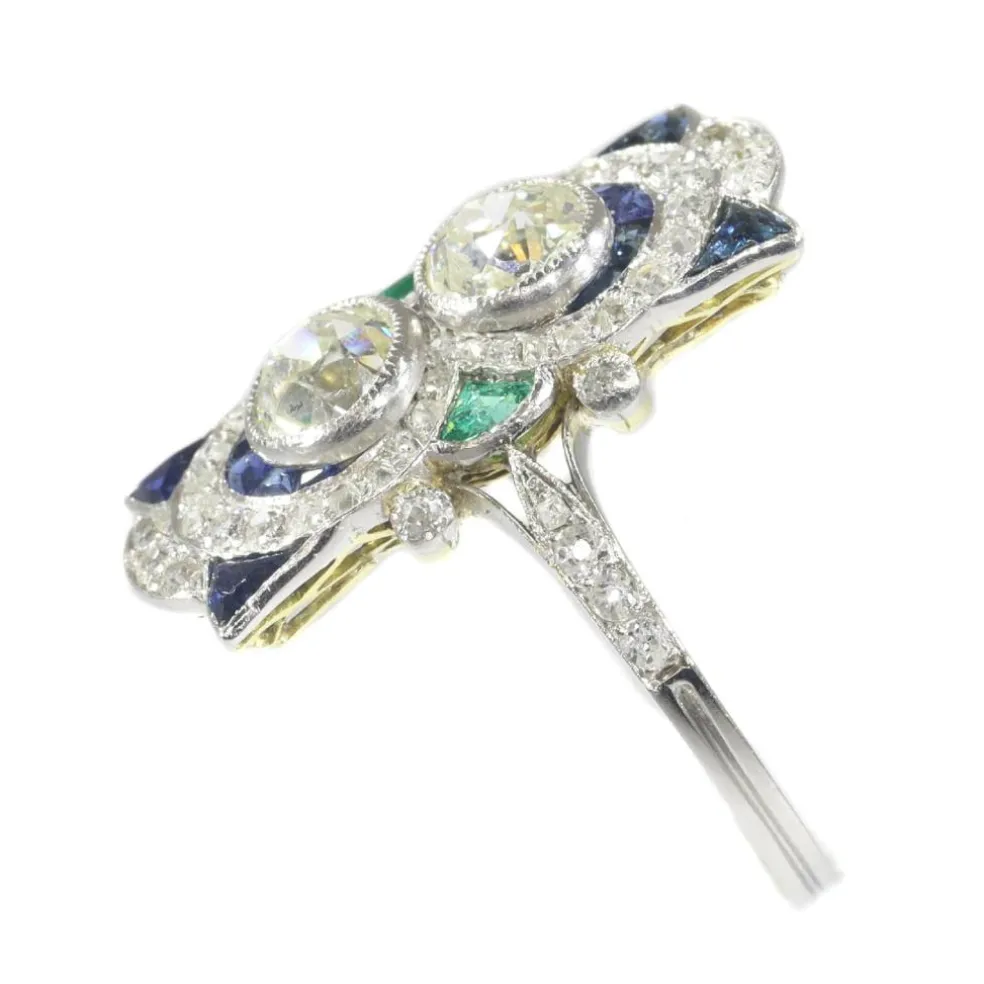 Bague Art Déco, diamants, saphirs et émeraudes
