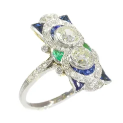 Bague Art Déco, diamants, saphirs et émeraudes