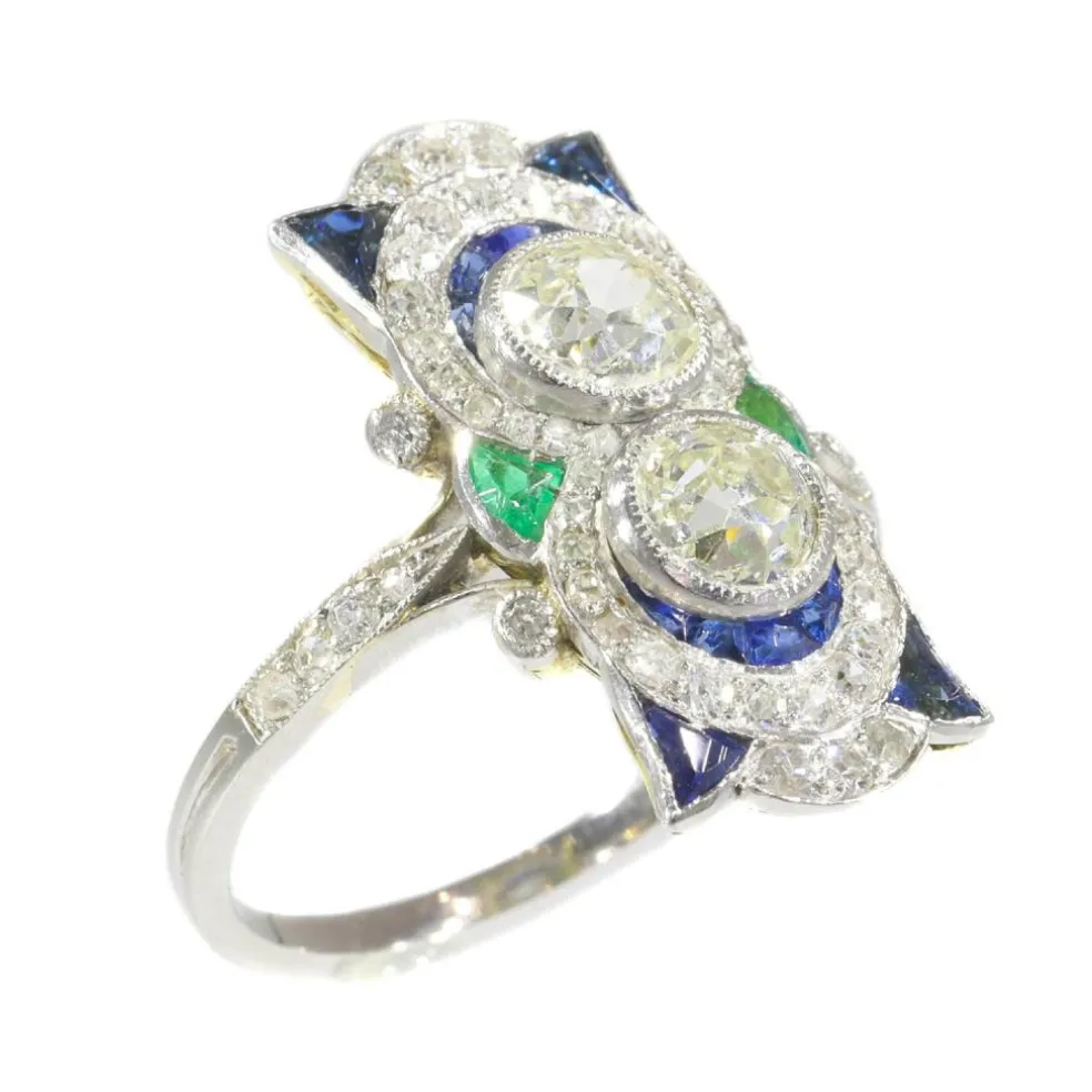 Bague Art Déco, diamants, saphirs et émeraudes