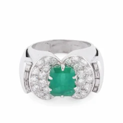 Bague Art Déco Emeraude, Diamants, Or Gris & Platine