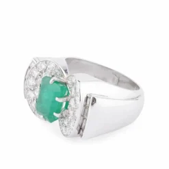 Bague Art Déco Emeraude, Diamants, Or Gris & Platine