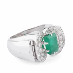 Bague Art Déco Emeraude, Diamants, Or Gris & Platine