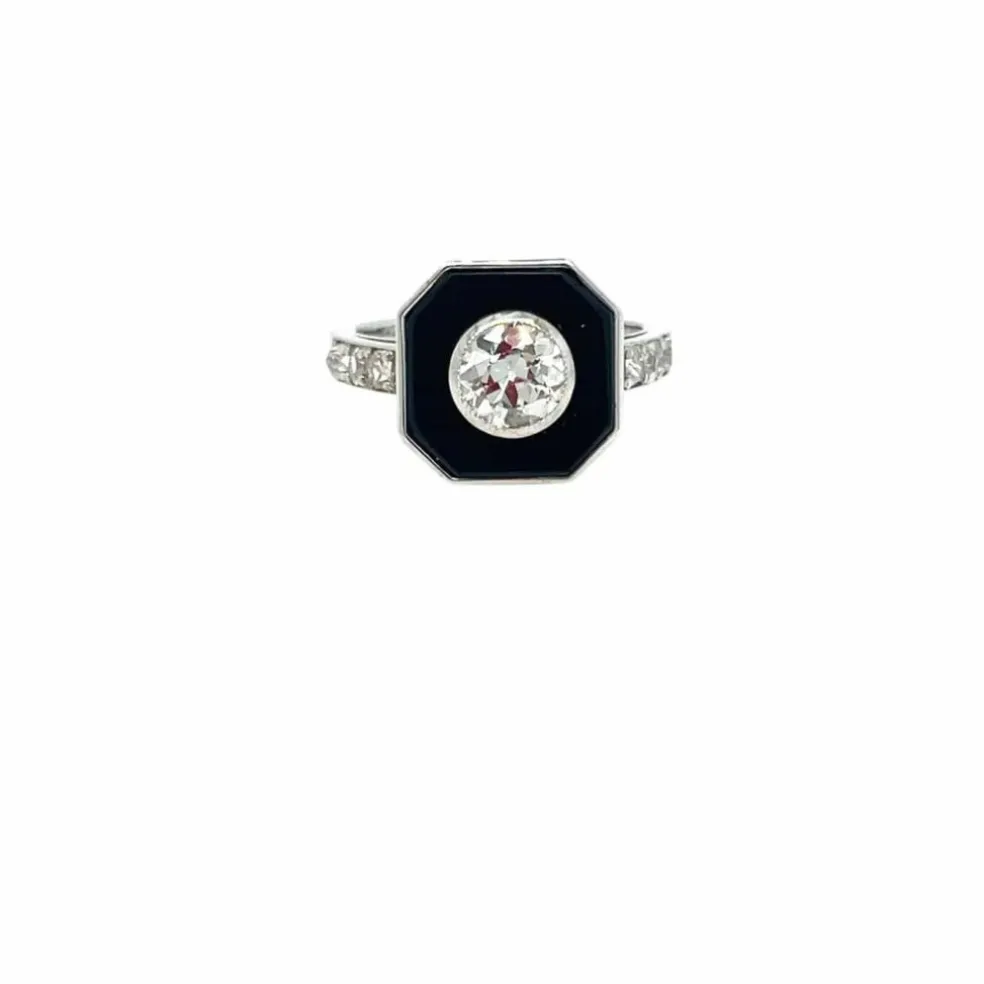 Bague Art Déco en or et diamants de 1,05 carat avec onyx