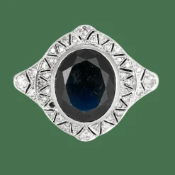 Bague Art déco en or gris, saphir synthétique et diamants