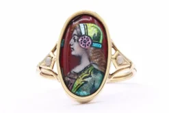 Bague Art Déco en or jaune sertie de perles et d'un émail de Limoges