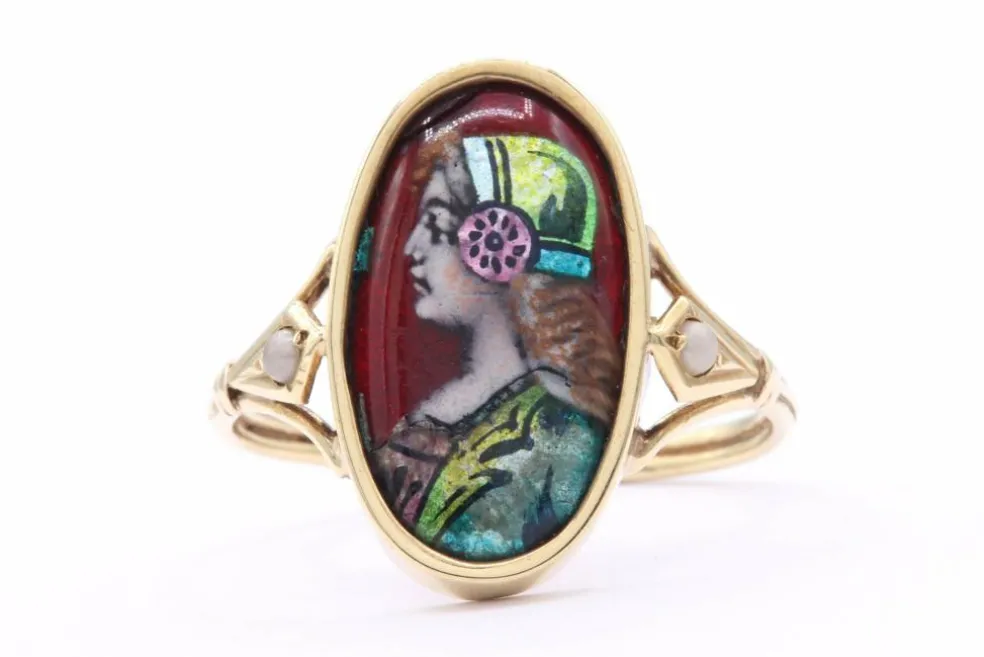 Bague Art Déco en or jaune sertie de perles et d'un émail de Limoges