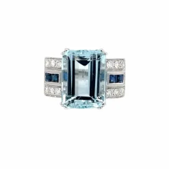 Bague Art Déco en Or Saphir Diamant Aigue-Marine 12 Carats